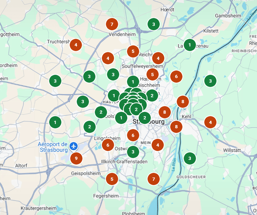 Grille des positions le 10 octobre 2026 : la fiche Google est dans les trois premiers sur 30 points sur 47, dont 14 en première place. Tout le centre de la carte est en pastilles vertes, les orange ne restent qu'en périphérie.
