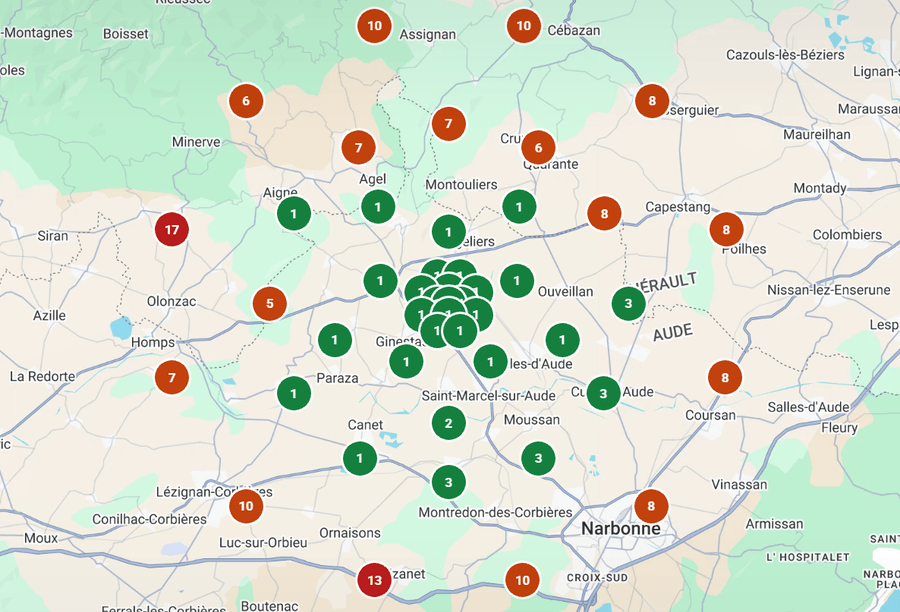 Grille des positions le 7 octobre 2026 : la fiche Google est dans les trois premiers sur 30 points sur 47, dont 25 en première place. Le centre de la grille ronde est couvert de pastilles vertes, les pastilles orange et rouges restent en bordure.