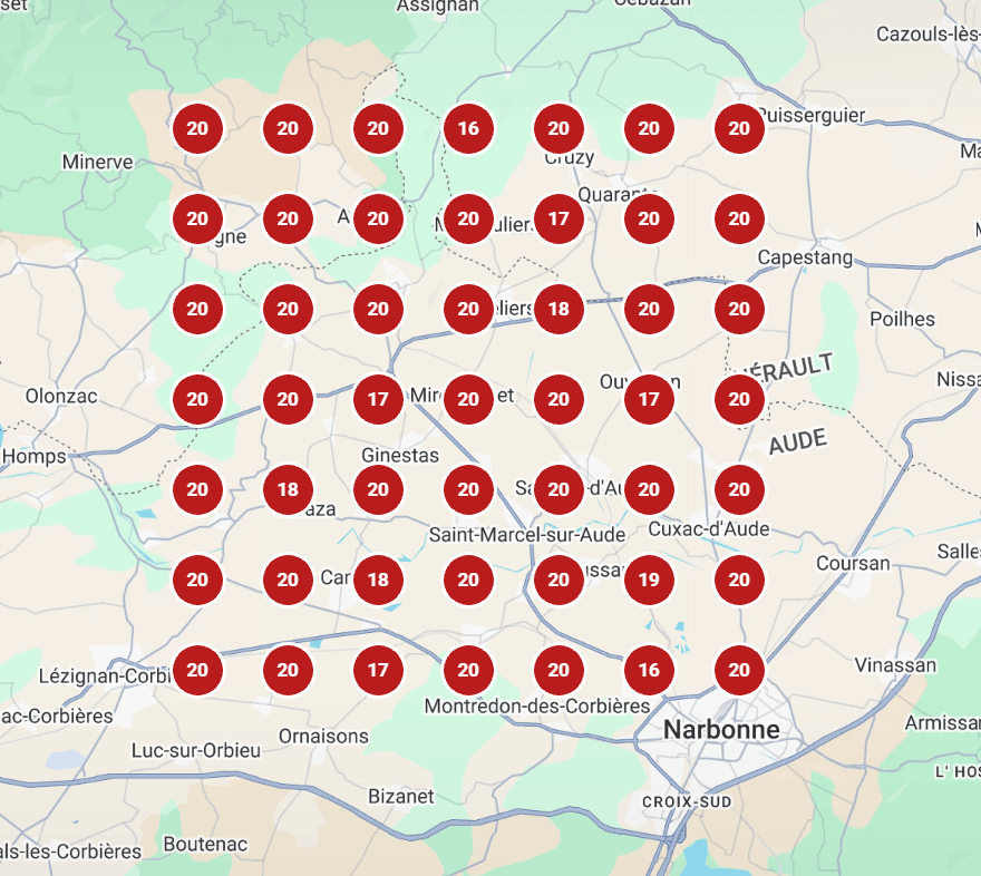 Grille des positions le 24 juin 2026 : la fiche Google n'est dans les quinze premiers résultats sur aucun des 49 points. La grille carrée, entre Minerve, Capestang et Narbonne, est entièrement en pastilles rouges.